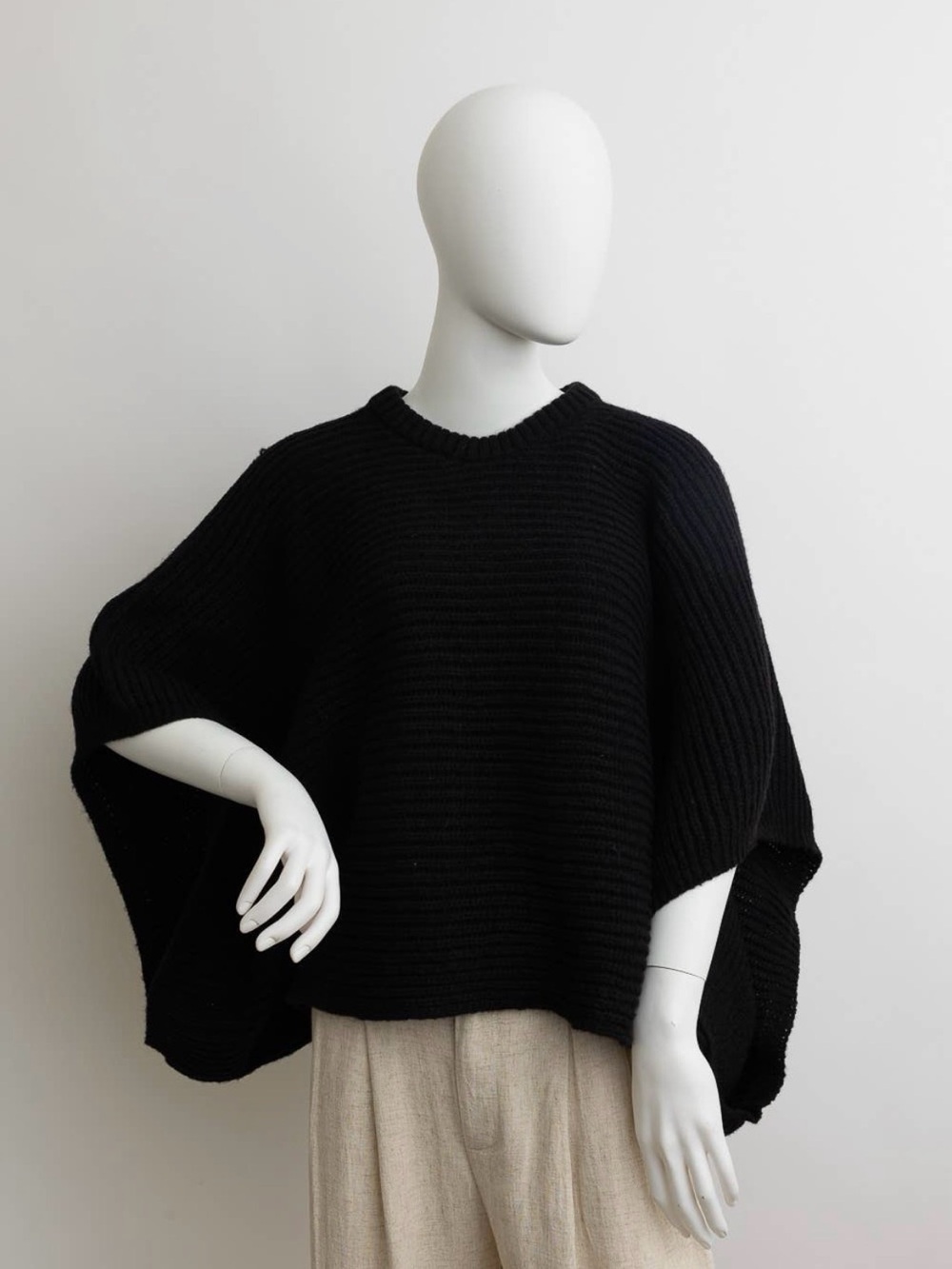 Black Ribbed Knit Poncho Sweater - Women